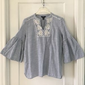 Chaps Blue & White Striped Embroidered 3/4 Bell Trumpet Sleeve, Size L, Exc Cond